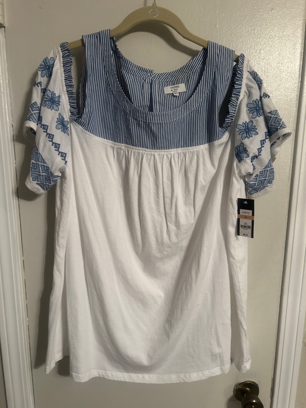 crown &ivy White Top with Blue Striped Yoke and Embroidered Sleeves